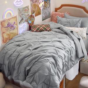 Bedsure Twin Comforter Set Grey - Bed in a Bag Twin Size Bedding 5 Pieces, GentleSoft Pintuck Bed Set Gift for Family, Pinch Pleat Grey Comforter with Sheets, Pillowcase & Sham