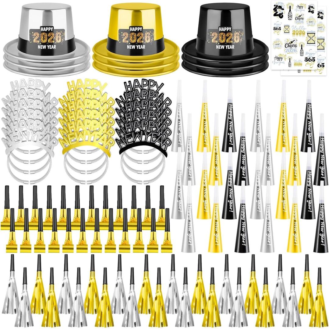 Denylo pro 98 Pcs New Year's Eve Party Supplies with Hat Headband Horn Trumpet Sticker 2026 Party Decorations for New Year Celebration