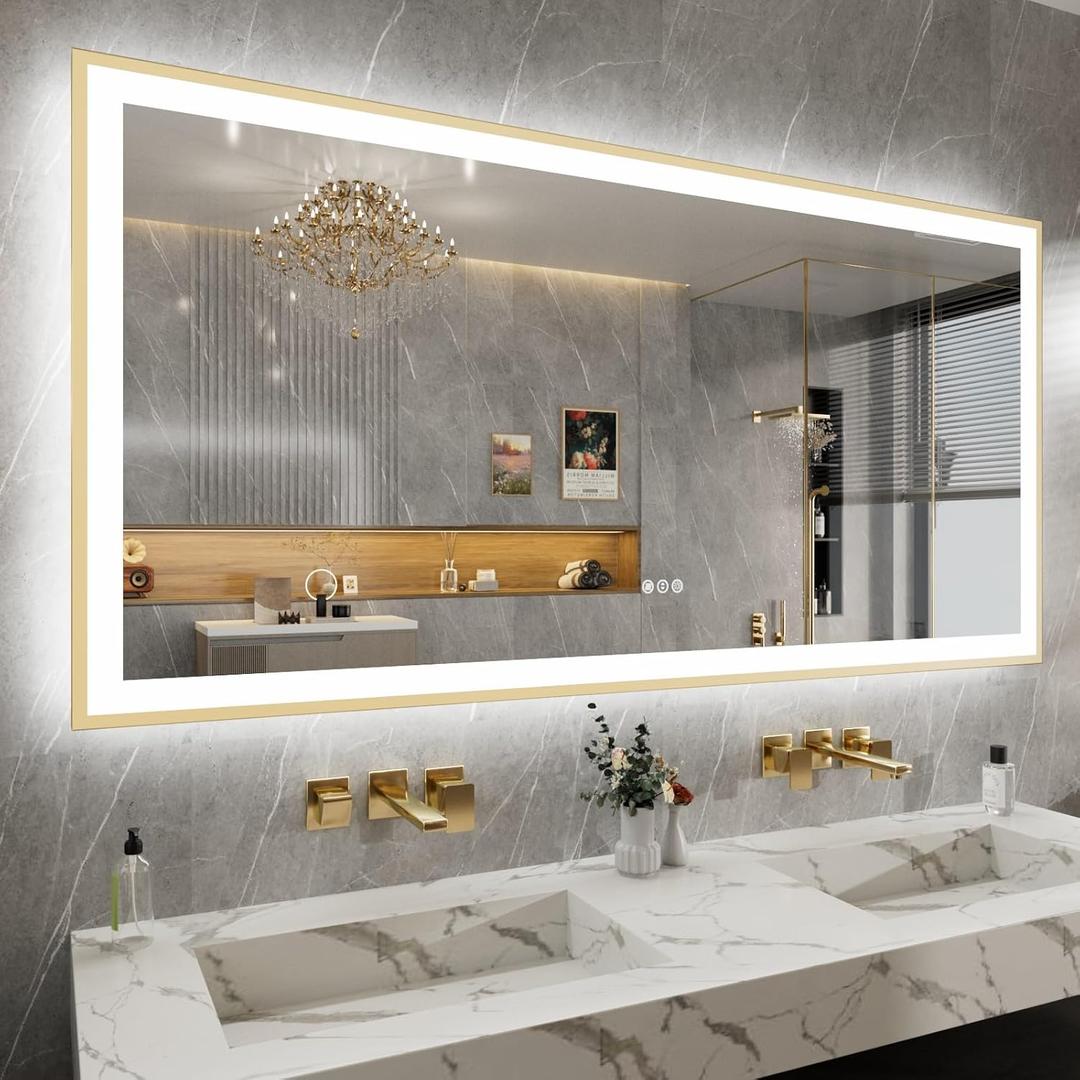 72x36 Inch LED Bthroom Mirror with Gold Frame
Gold Metal Frame, Front and Backlit, 3 Colors, Dimmable, Memory, Anti Fog, Tempered Glass, Lighted Mirror for Wall