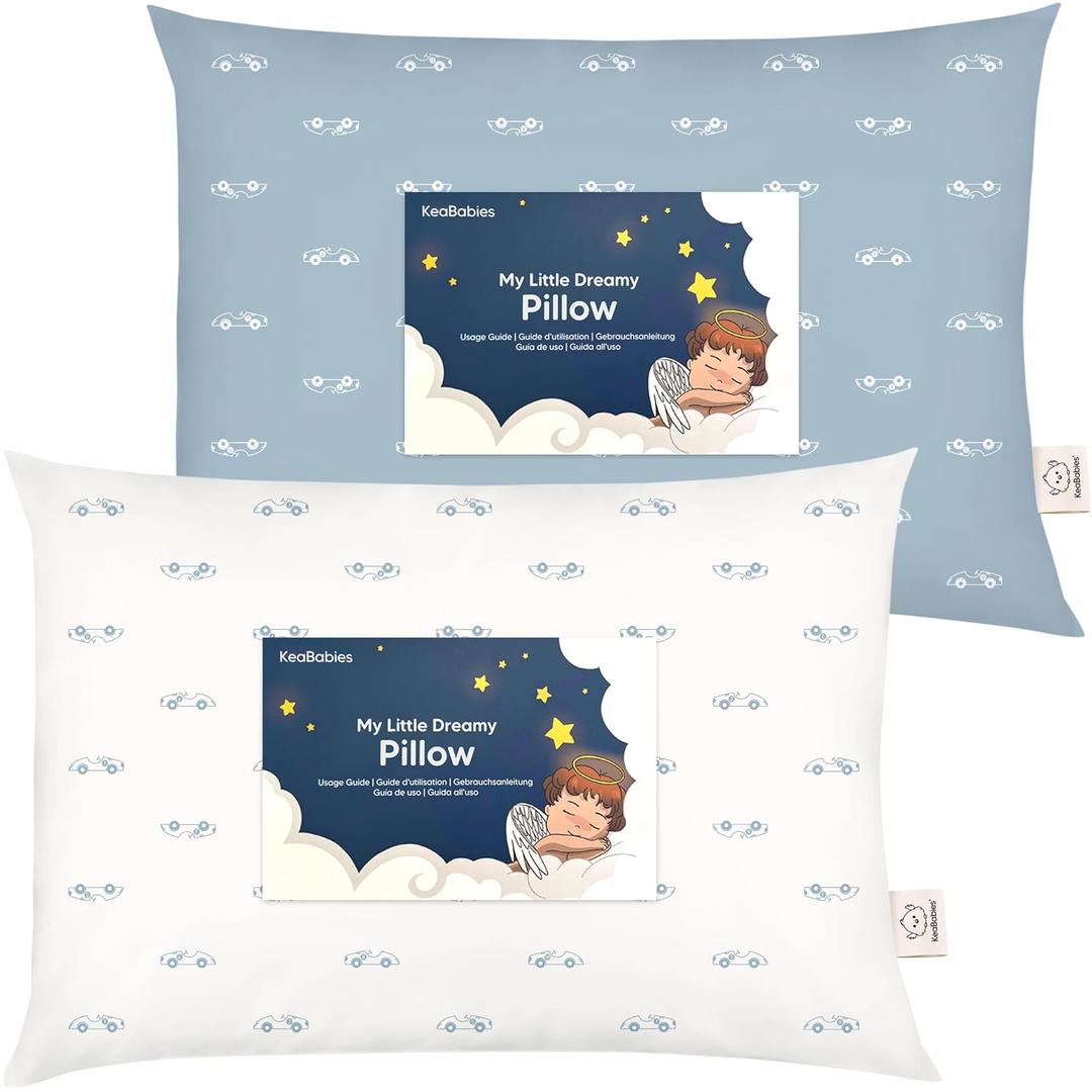 KeaBabies 2-Pack Toddler Pillows 2 Year Old to 5-13x18 Soft Organic Cotton Kids Pillow for Sleeping, Travel, School, Daycare, Nap, Toddler Bed, Machine Washable, Without Pillowcase (Roadsters)