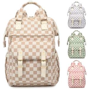 Lreneilu Corduroy Laptop Backpack for Women 15.6 Inch Stylish College School Bookbag, Business Work & Travel Computer Backpacks (Checkered Brown)