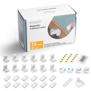 Inaya Magnetic Cabinet Locks Baby Proofing, 12 Locks & 2 Keys, Child Proof Magnet Locks for Cabinet Drawers with Invisible Design, 3M Adhesive for Easy Installation - No Drill & Tools Needed