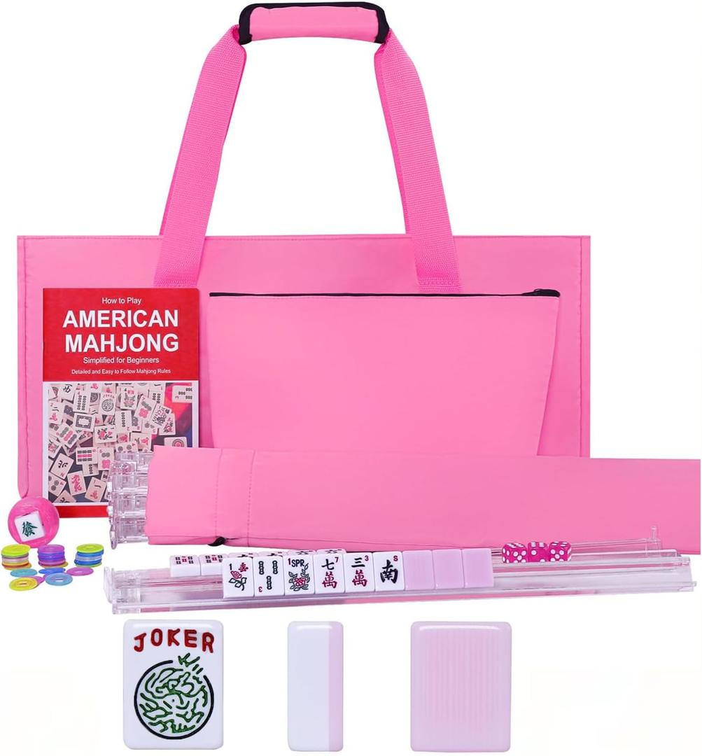 American Mahjong Game Set, 166 Pink Tiles, Pink Bag and Accessories, 4 All-in-One Transparent Rack/Pushers, Mahjong Tiles Set, 22.8 x 9.8 x 2.8 inches