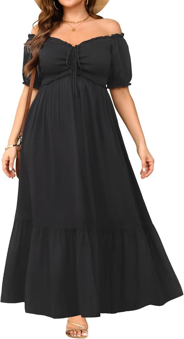 Plus Size Sun Dresses Women - Summer Off the Shoulder Puff Sleeve A Line Boho Maxi Flow Long Dress 2025 (24W, Black)