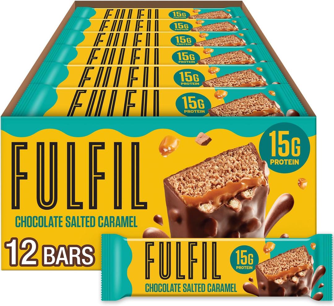 FULFIL Protein Snack Bars, Chocolate Salted Caramel Flavored, Gluten Free with 15g Protein, Pantry Staples, 12 Count (EXP 04/01/26)