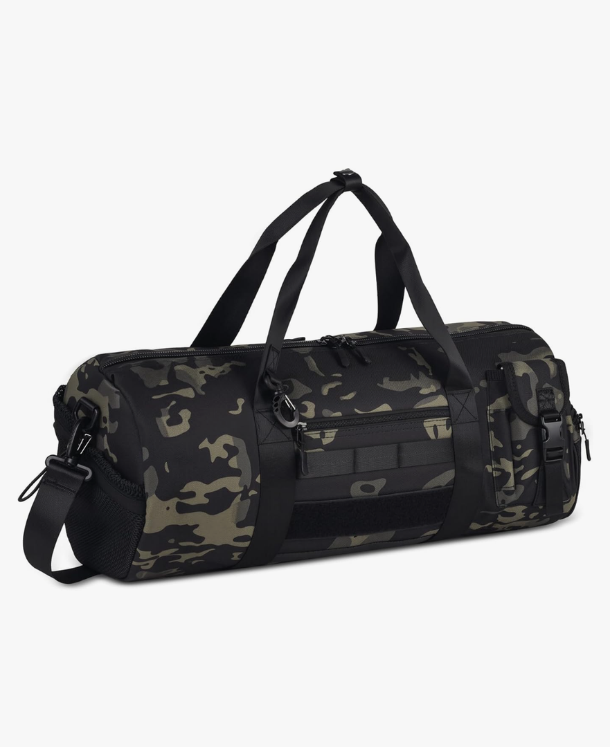 ArcEnCiel Medium Tactical Duffle Bag Men Gym Pack Molle Shoulder Bags Shoes Storage Sports Handbag with Patch(Black Camo)