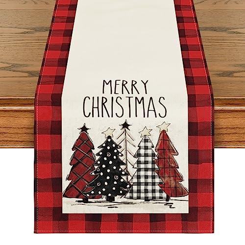 Artoid Mode Watercolor Red and Black Buffalo Plaid Christmas Trees Merry Xmas Table Runner, Seasonal Winter Holiday Kitchen Dining Table Decoration for Indoor Outdoor Home Party Decor 13 x 48 Inch