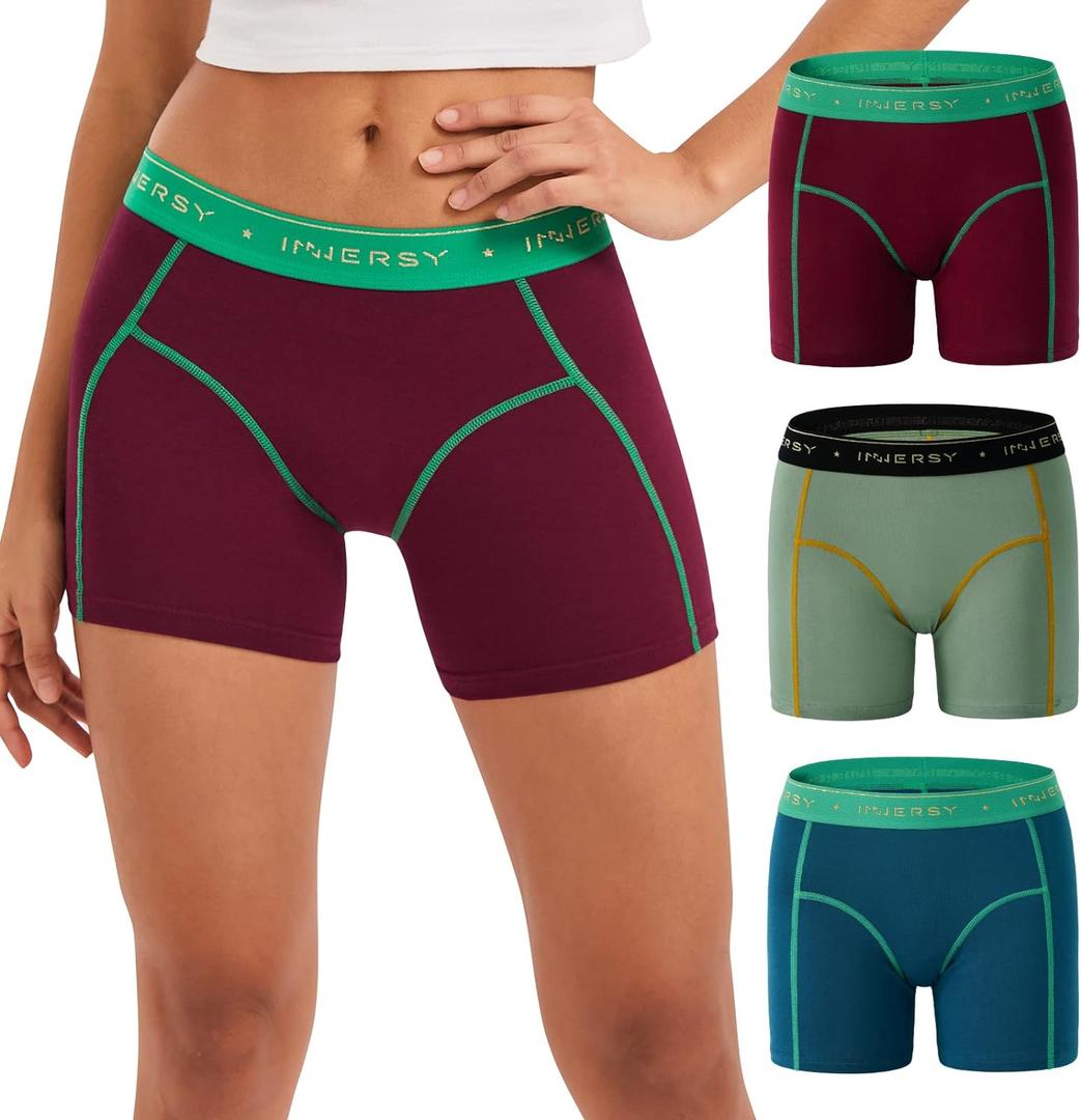 INNERSY Women's 4" Inseam Boxers Briefs Cotton Boyshorts Underwear Ladies Panties 3-Pack (Large, Retro Red&green)