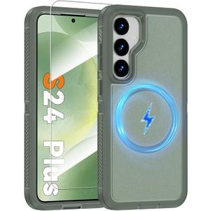 Magnetic Case for Samsung Galaxy S24+ Plus, [Compatible with Magsafe] [Glass Screen Protector] [Dual Layer Military-Grade Protection] Heavy Duty Shockproof Cover for Samsung S24 Plus 6.7 inch, Green