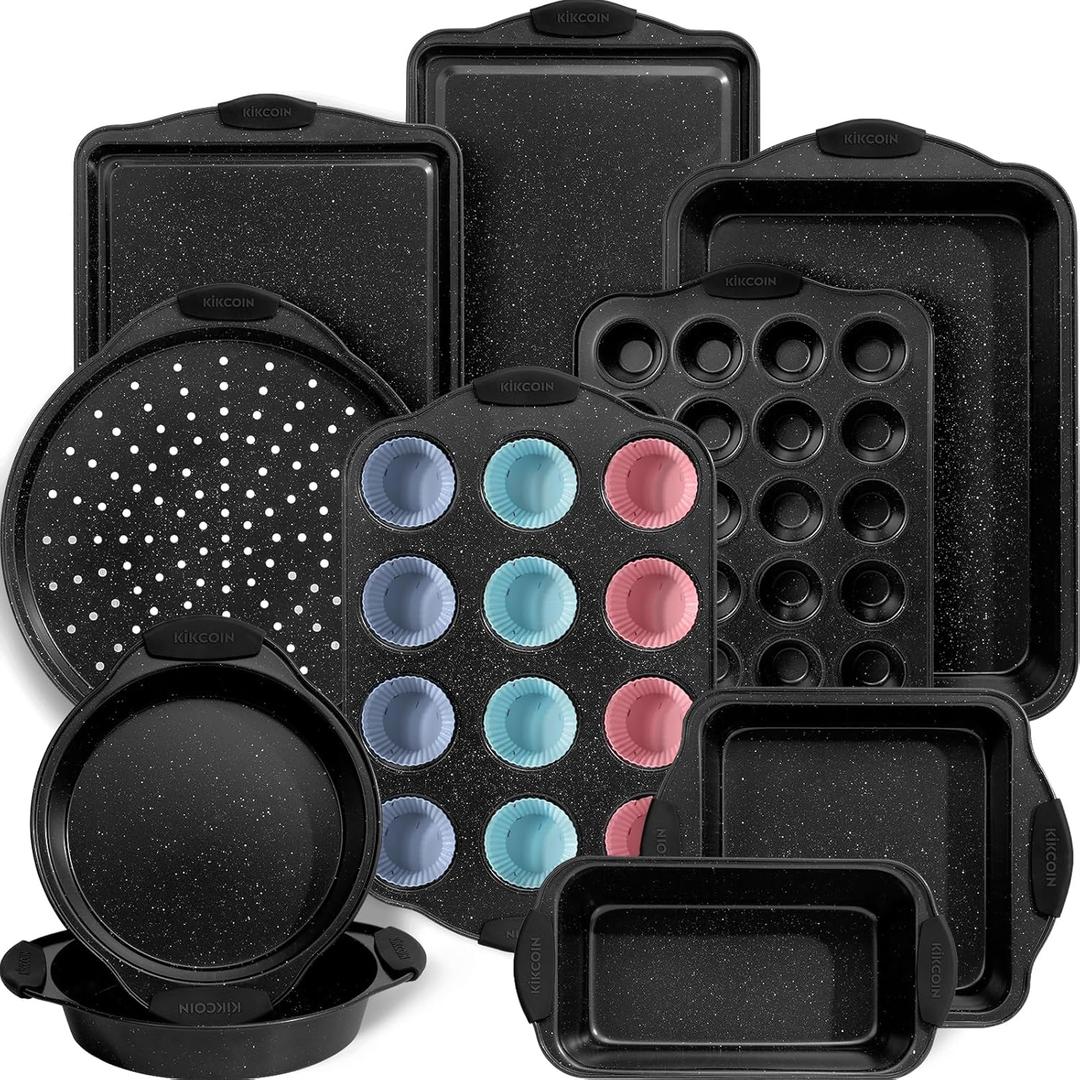 Kikcoin 22 PCS Nonstick Baking Pans Set, Stackable Bakeware Sets with Silicone Handles, 450F Oven Safe Baking Sheet set, Easy Release Cookie Sheets for Baking, Black