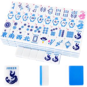 American Mahjong Tile(Only Tiles), 166 Quality Engraved Tiles Blue Backboard, 1.2 inch American Mahjong Game with Carrying Bag/Dice/Chips, Creative Design Patterns, Ideal Mahjong Gifts (No Rack)