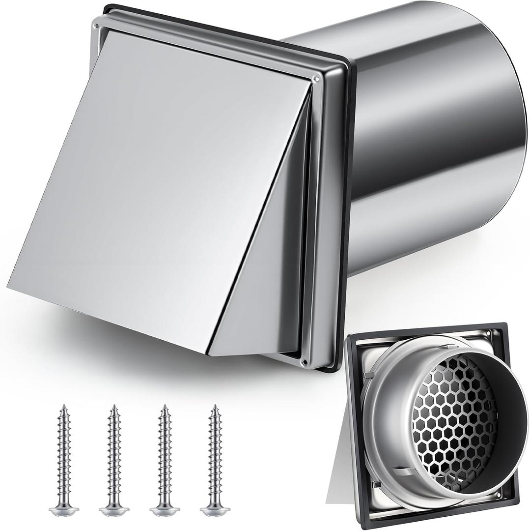 6 Inch Dryer Vent Cover Outside, 304 Stainless Steel | Exhaust Hood with 8" Extension Tube Weatherproof Backdraft Flap & Pest Guard Outdoor Wall Dryer Cover for House Rv Garage Ac