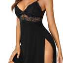 LYANER Women's Lingerie Sexy Lace Trim Sides Slit Spaghetti Straps Nightgown Babydoll Chemise Nightwear (M)