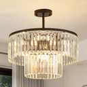 17.7" Black Semi Flush Mount 2-Tier Crystal Ceiling Light Fixtures for Dining Room Modern Luxury 8-Light Chandeliers Lighting for Bedroom Entryway Hallway Kitchen Island Living Room Foyer
