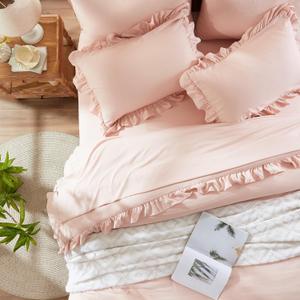 Anluoer Queen Comforter Set 7 Piece, Pink Bed in a Bag with Sheets, All Season Ruffle Shabby Chic Bedding Sets with 1 Comforter, 2 Pillow Shams, 2 Pillowcases, 1 Flat Sheet, 1 Fitted Sheet
