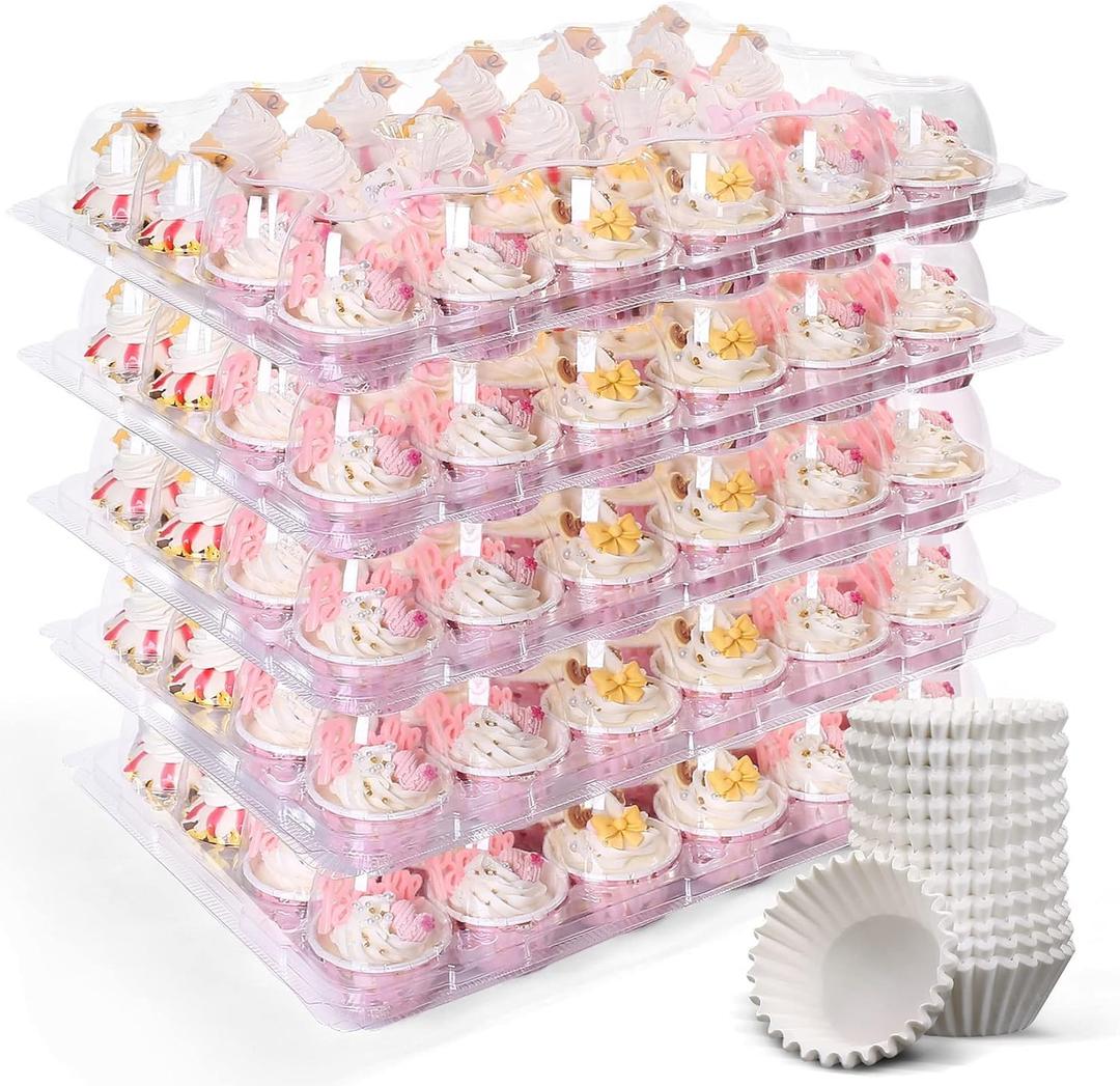 8 Sets 24 Counts Cupcake Containers, Stackable Plastic Dozen Cupcake Boxes with Detachable High Dome Lid, Clear Cupcake Carrier Holder
