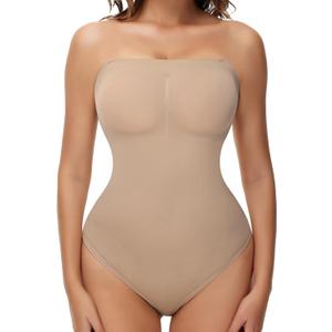 Strapless Shapewear Thong for Women Tummy Control One Piece Bodysuit Triangle Body Shaper Summer Tube Top Leotard (Large, Nudebrief)