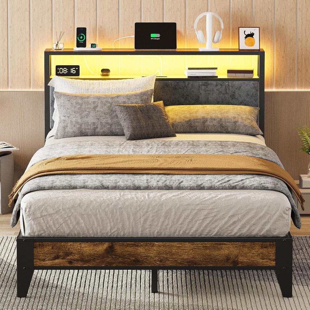 OLEVS Full Bed Frame with Headboard, Metal Platform Bed Full Size with 2-Tier Storage, LED Light & Charging Station Type C, No Box Spring Needed