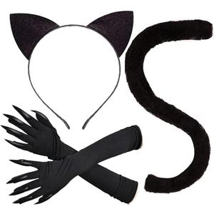 FUEAWIM Cat Ears and Tail Glove - Black Cat Costume Accessories for Women - Halloween Cosplay