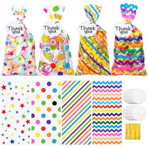 Woric 100 Set Rainbow Cellophane Treat Bags 5 x 10.6 Inch Clear Candy Party Favor Bags with 100 Gift Tags and Twist Ties for Mother's Day Rainbow Colorful Party Baby Shower Decorations