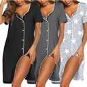 Ekouaer Nightgowns for Women 3 Pack Sleep Shirts Button Down Pajama Dress Short Sleeve Nightshirt Sleepwear Nightdress (Medium, Black/Grey/Light Grey Star)