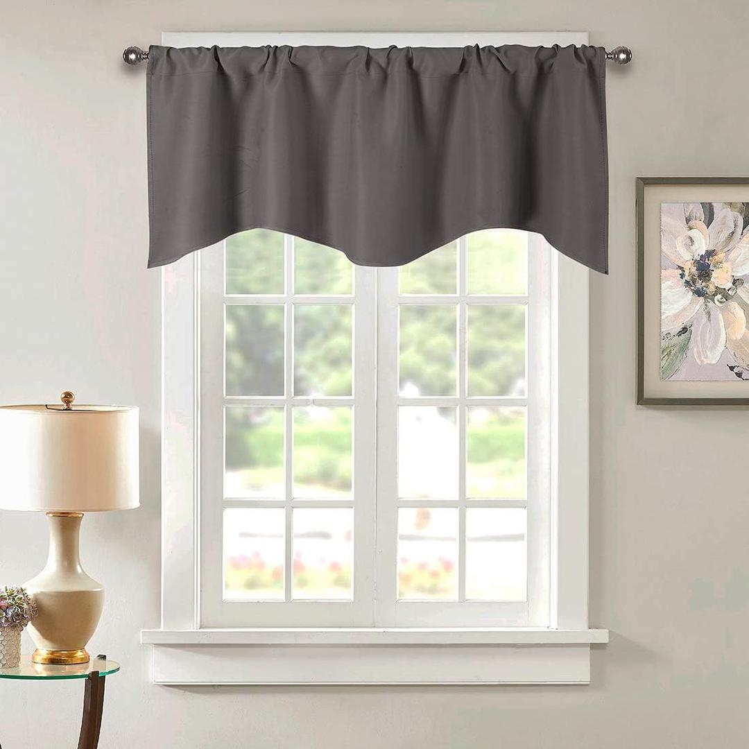 vctops Solid Blackout Curtain Valance for Kitchen/Bedroom Rod Pocket Scalloped Valance Short Curtain Panels (52"x18", Dark Grey)