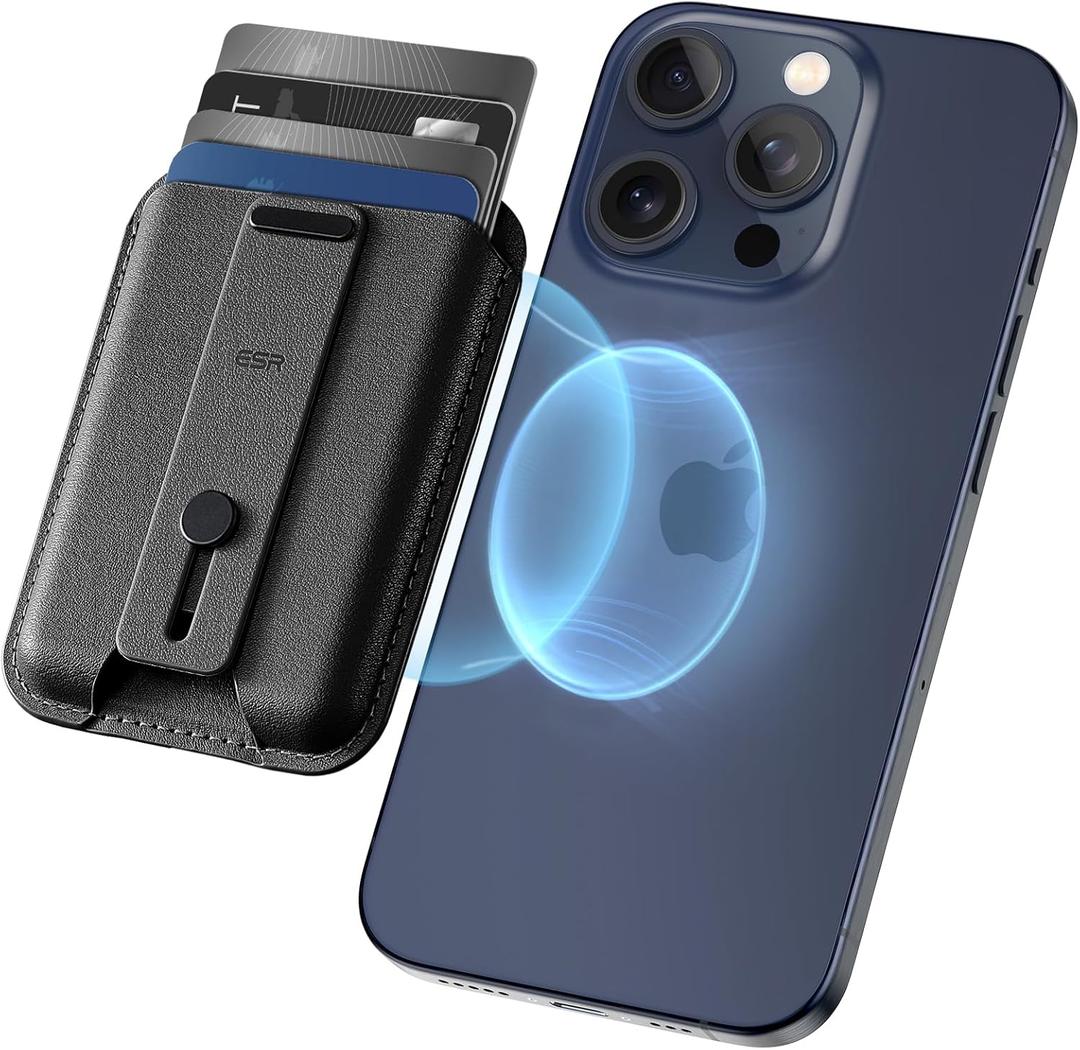 ESR for MagSafe Wallet, iPhone Wallet with 5-Card Holder, Secure-Grip Finger Loop, Magnetic Card Holder for iPhone 17/16/15/14/13/12 Series, Not for 13/12 mini, Vegan Leather, Black