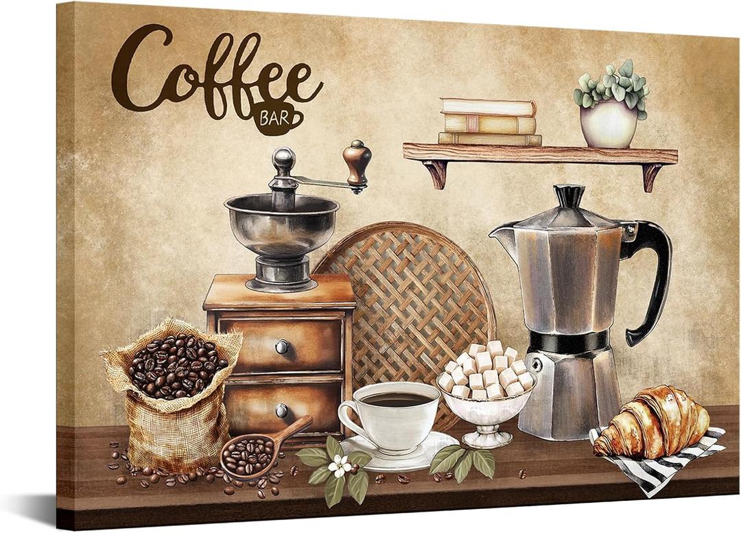 KREATIVE ARTS Coffee Bar Wall Art 16x24 Inch Kitchen Canvas Print Vintage Beans and Croissant Picture for Cafe Dining Room Coffee Station Rustic Home Decor