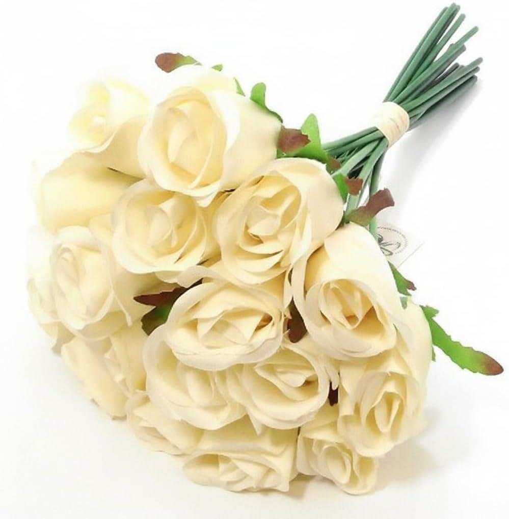 Cream Roses, Bunch of 18 Faux Flowers Bouquet, (12") 30cm Realistic Artificial Roses with Stems for DIY Weddings Bridal Shower & Christmas Party Arrangements