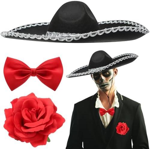 JenPen 3 Pcs Halloween Day of the Dead Mariachi Senor Adult Costume Accessory Silver Trim Black Sombrero, Bow Tie, Rose Decor, just the sombrero
