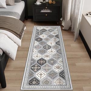 2x6 Runner Rug, Soft Non-Slip Boho Moroccan Rug, Low-Pile Printed Indoor Runners for Entryway, Hallways, Kitchen, Laundry Room, Bedside- Gray/Gold