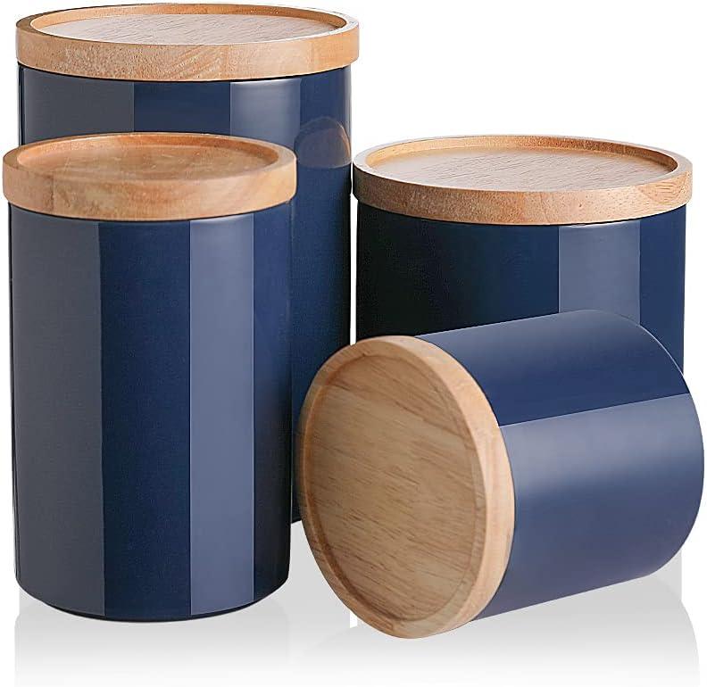 Sweejar Kitchen Canisters Ceramic Food Storage Jar Set, Stackable Containers with Airtight Seal Wooden Lid for Serving Ground Coffee, Tea, Herbs, Grains, Sugar, Salt - Set of 4 (Navy)