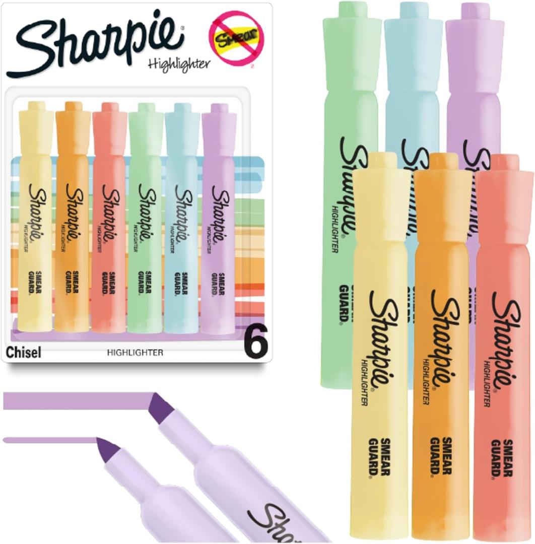 Sharpie Tank-Style Highlighters, Chisel Tip, Mild Pastel Barrels, Mild Pastel Inks, Pack Of 6 Highlighters