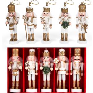 POPLAY 5PCS Nutcracker Christmas Decor, Wooden Nutcracker Hanging Ornaments Soldier for Christmas Tree Gift Shelves Table Decoration (5inch)