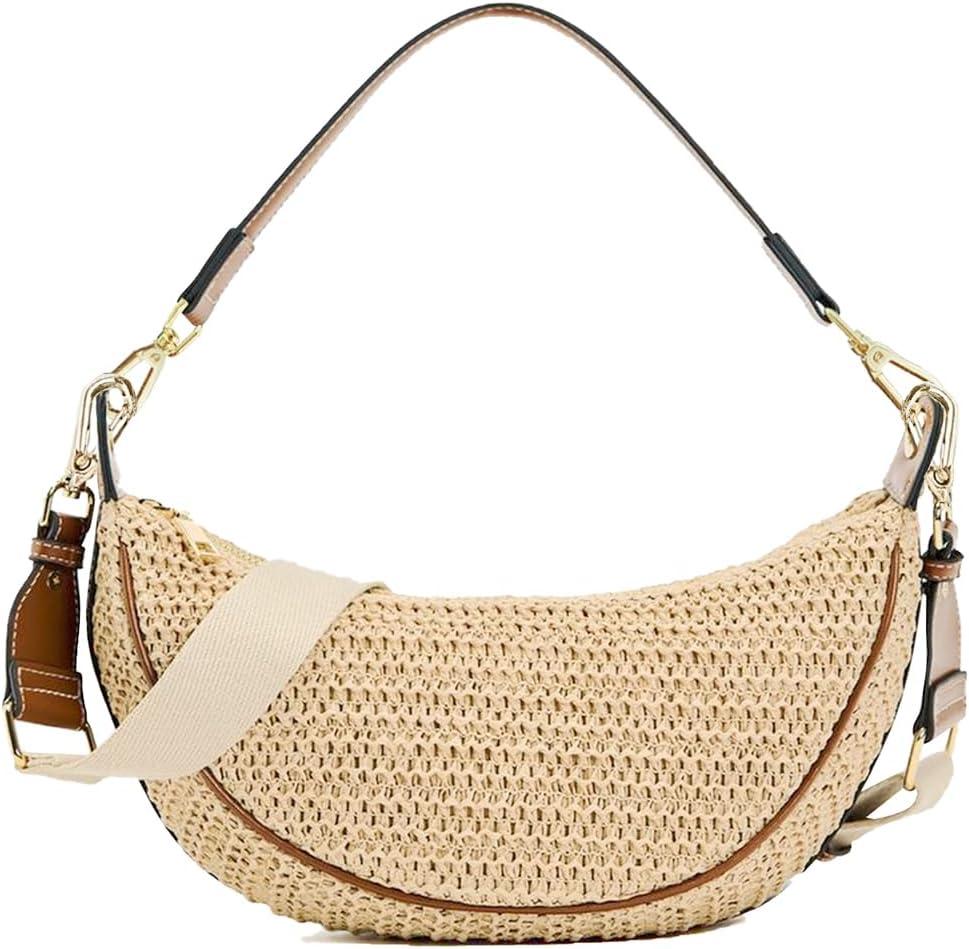 Straw Crossbody Bags for Women Beach Woven Hobo Handbag Summer Chic Crescent Shoulder Purses with Adjustable Strap 2025 Khaki