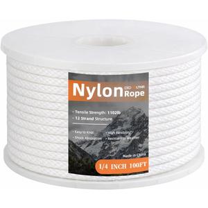 Nylon Rope 1/4inch 100ft Solid Braid Multi-Purpose Ropes for Outdoor Indoor Heavy Duty for Camping, Boat, Garden, Clothesline, Marine, Soft & Flexible, High Tensile Strength, White