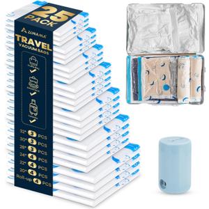 Travel Compression Bags, 25 Pack Vacuum Storage Bags with 1500mAh Rechargeable Battery, Vacuum Seal Bag for Space Saving Clothes, Blanket, Duvets, Pillows, Comforters, Travel Essentials, Luggage