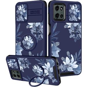 Goocrux for Moto G 5G 2025 Case - Women Girls Cute Phone Cover Girly Pretty Unique Aesthetic Design Slide Camera Cover with Ring Stand Holder Cases for Motorola G 5G 2025, White Floral (Blue Flower)