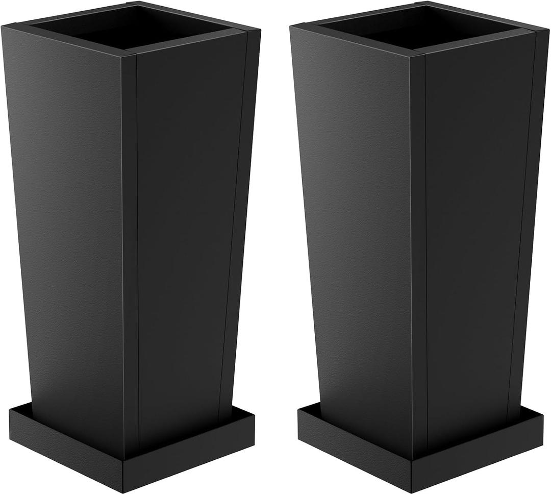 Metal Tall Outdoor Planters Set of 2, 28 inch Durable Tall Planters with Rust-Proof Coating & Drainage Insert Shelve & Trays, Black Outdoor Planters for Porch, Garden, Patio, Yard