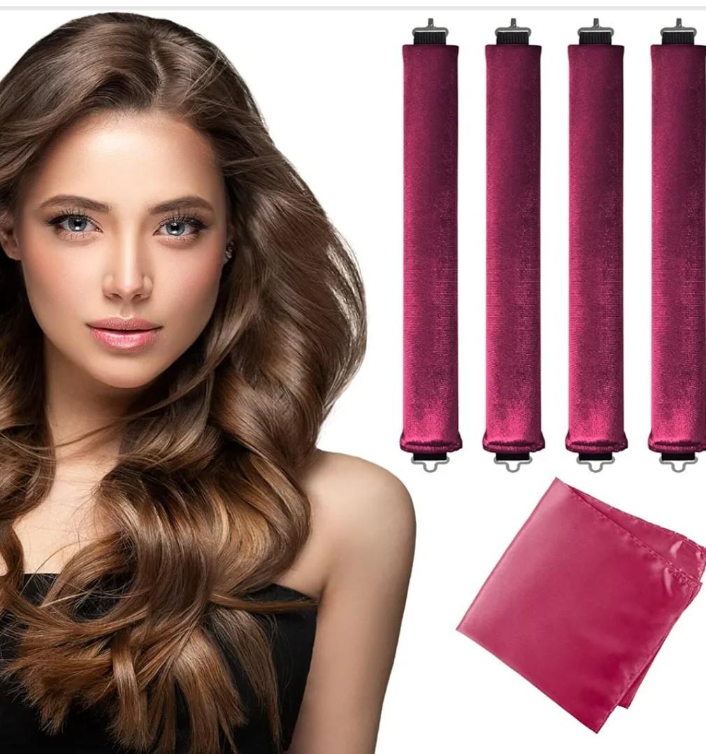 Heatless Curls Overnight Hair Curler - 4 Pcs Curling Rod to Sleep In, Velvet Hair Rollers with Satin Hair Scarf