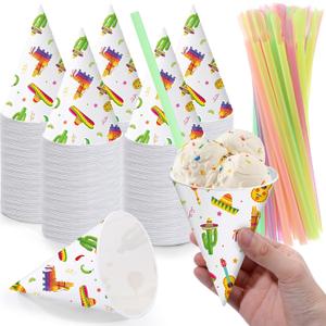 2 x Willinglong 50 Set Mexican Snow Cone Cup and Straw 6oz Fiesta Ice Cream Cup Cinco De Mayo Party Decor Mexico Taco Birthday Party Supplies for Slush Shaved IceCream Water Cooler Disposable Paper Funnel