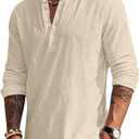 Men's Linen Shirts Henley T-Shirts Long Sleeve Casual Beach T-Shirts Solid Tops Shirts for Men (Beige, XL)