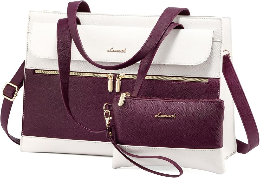 LOVEVOOK Laptop Bag Women 15.6 Inch Laptop Tote Professional Leather Computer Briefcase Waterproof Shoulder Bag Large Capacity Business Teacher Office Crossbody Purse (Purple/Beige-1)