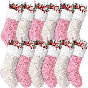 Hungdao 12 Pcs Christmas Pink White Stockings Mini Knitted for Xmas Tree 8.3 Inches Mini Christmas Socks Double Sided Fireplace Hanging Stockings for Family Xmas