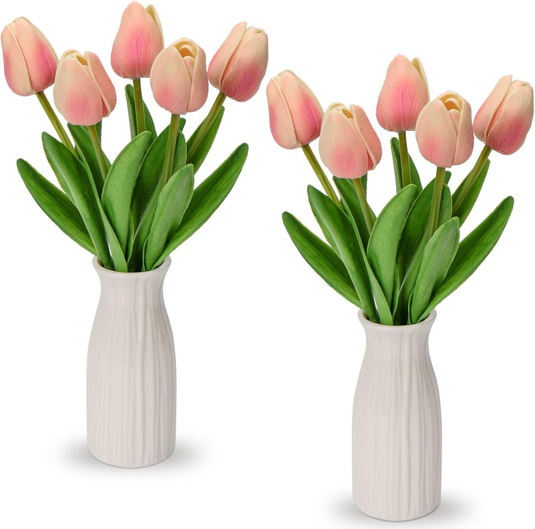 Briful 1 Packs Faux Flowers Artificial Tulips with Ceramic Vase, Poly Foam Pink Tulips Real Touch Flower Arrangement for Home Kitchen Wedding Centerpiece Decoration