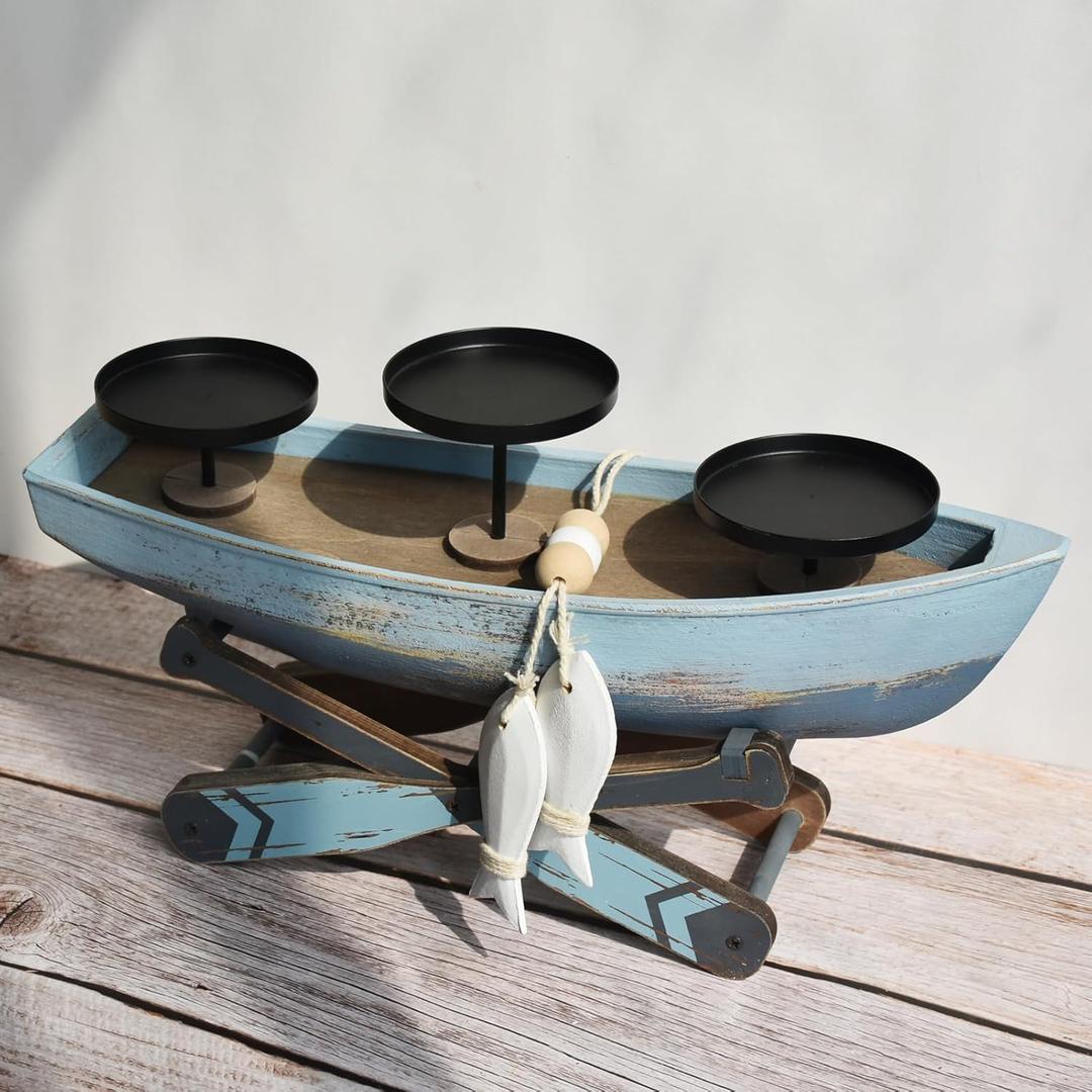Nautical Candle Holder for Beach House Table & Lake House - Ocean Themed Farmhouse Boat Candlestick Holders, Marine Beach Style Handmade Coastal Accent, Housewarming Gifts