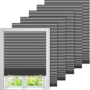 6 Pack Temporary Paper Blackout Blinds for Indoor Windows No Drill, 35" W x 59" H Adhesive Pleated Shades for Windows Cordless with 12 Clips, Room Darking Shades for Bedroom, Gray