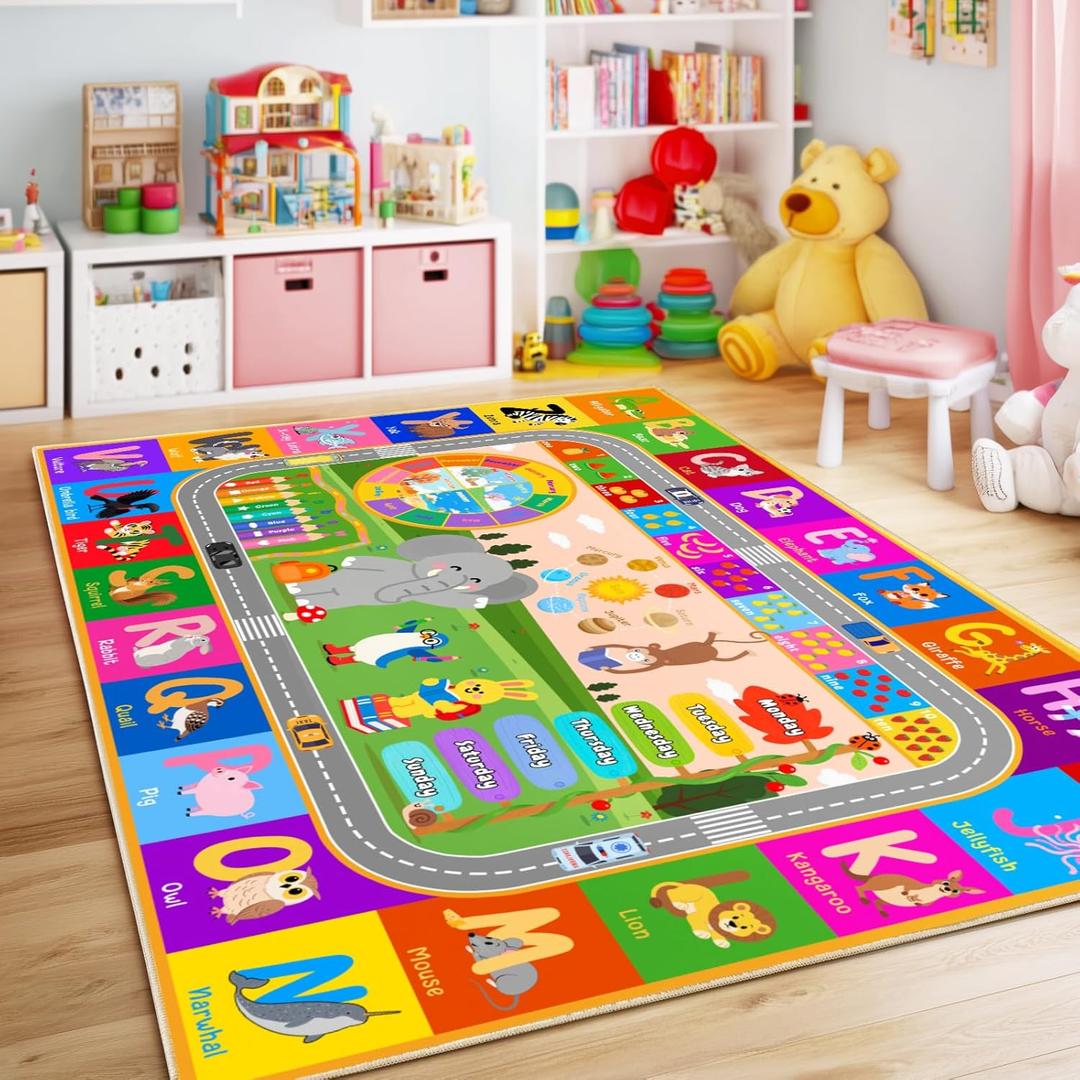 Kids Educational Rug 4' x 5', Kids Collection Area Rugs for Learning ABC Alphabet, Numbers, Colors, Animal Words and Season, Washable Playmat for Playroom Classroom Children Girls Boys Room