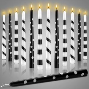 Conelist 12 Pcs Black and White Taper Candles Set Adhesive Striped Candles 10 Inch Tall Holiday Decor for Dinner Party Wedding Anniversary