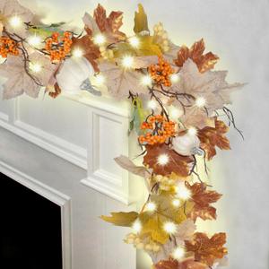 6.2FT Fall Garlands Autumn Garland with Lights and Timer Maple Pumpkin Berry Garlands Fall Leaves Garland for Mantle Halloween Thanksgiving Harvest Christmas Decorations (Mixed Gray)